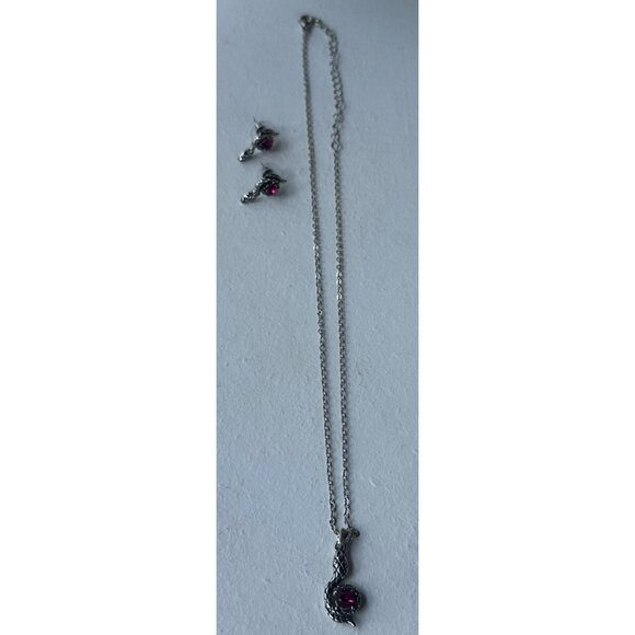 Silver Earring & Necklace Set w/Pink Stones Snake Theme (NWOT) - Picture 2 of 9